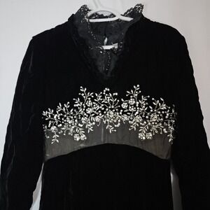 Velvet Maxi Dress Women Vintage Black Good Beaded Lace High Neck Goth Evening